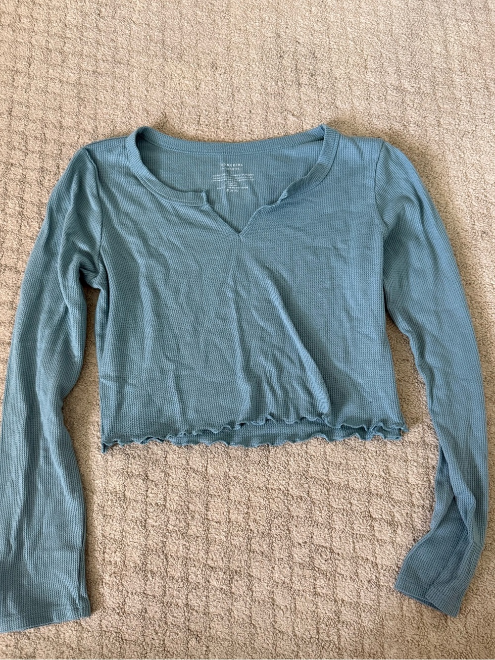 Waffle-Knit Long Sleeve Crop Top in Dusty Blue